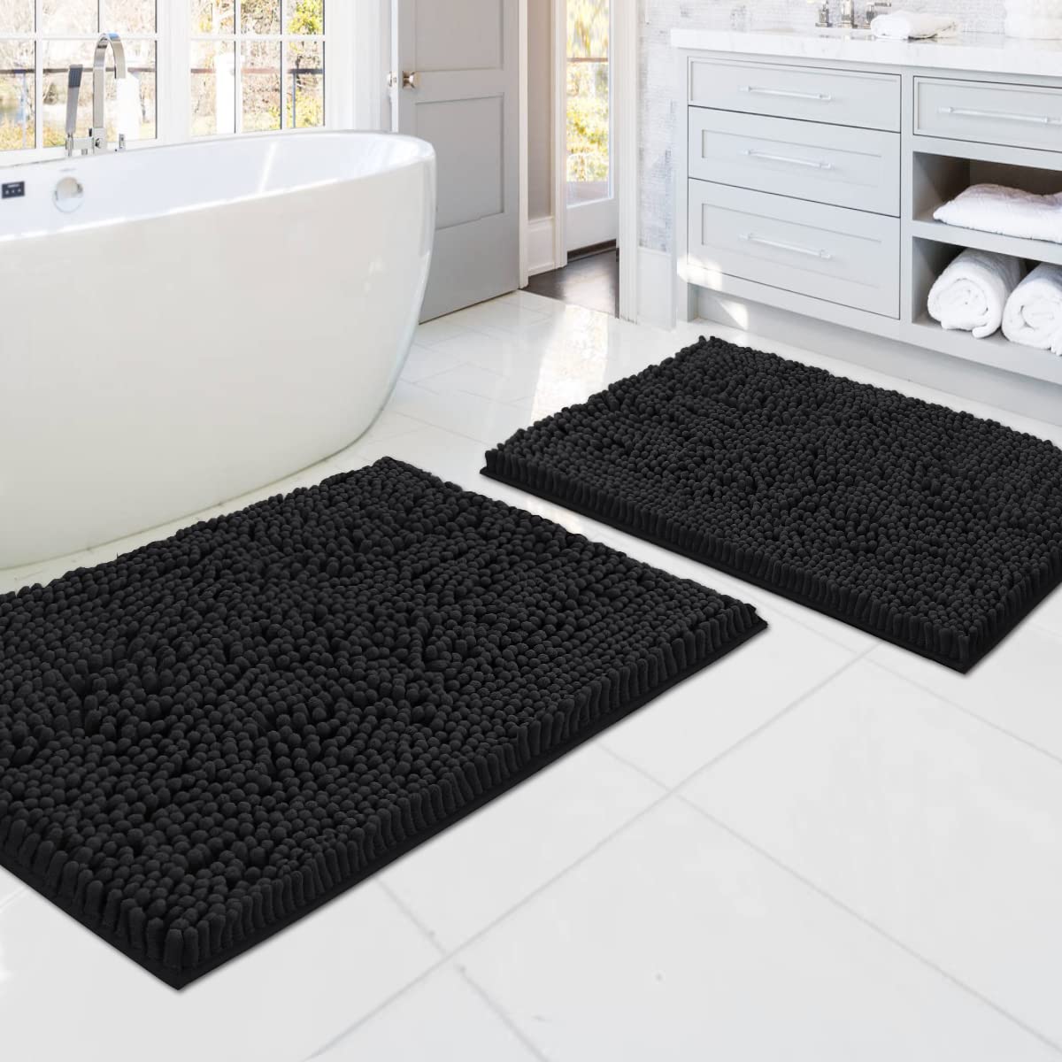 H.VERSAILTEX Bath Mat, 20" x 32" Plus 17" x 24", Black