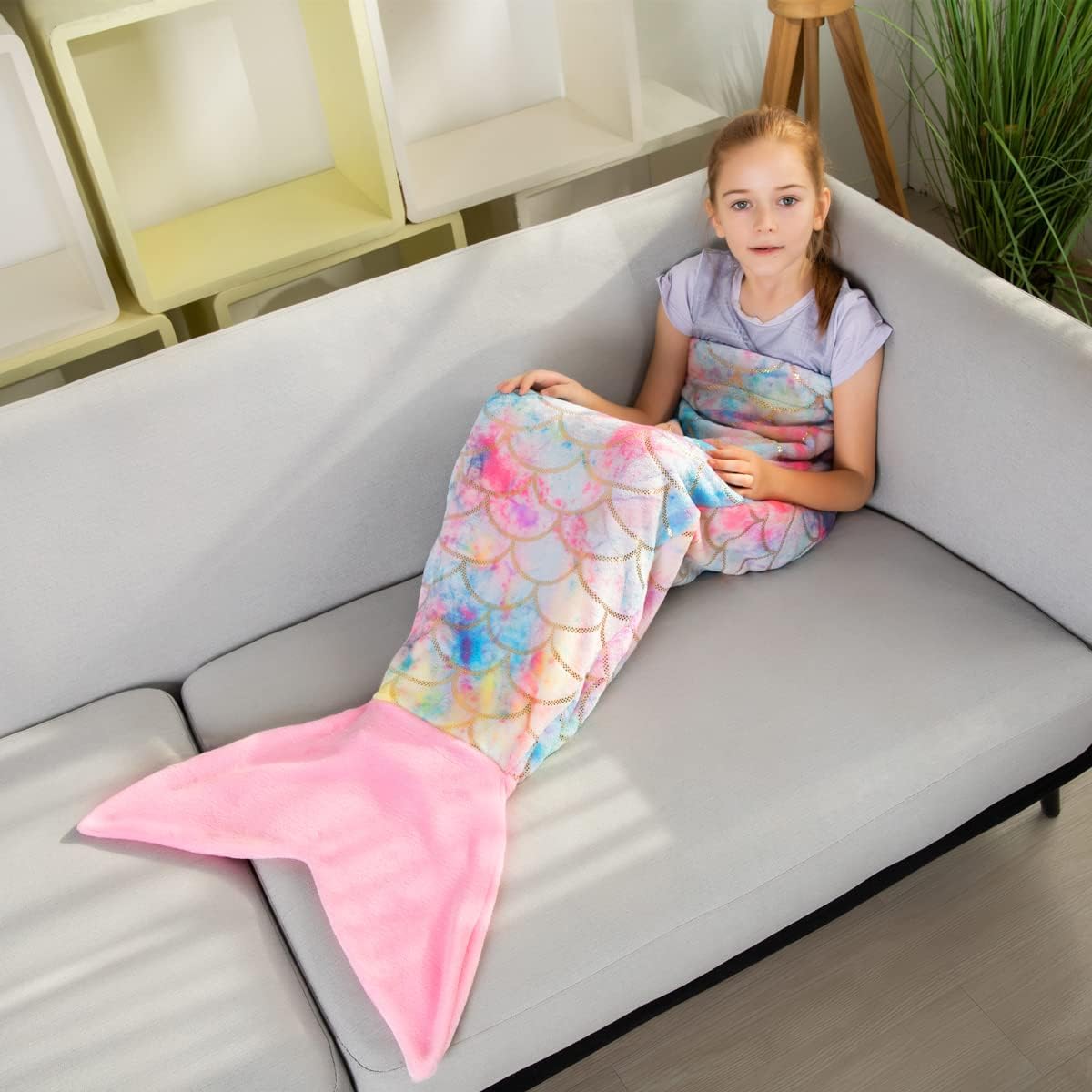 Mermaid Tail Blankets Portable Lovely Glittering Cozy Soft Flannel Rainbow Colorful Birthday Party Gifts for Toddlers