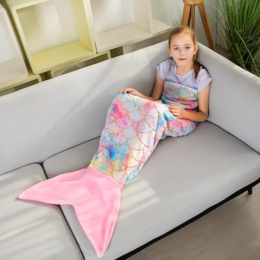 Mermaid Tail Blankets Portable Lovely Glittering Cozy Soft Flannel Rainbow Colorful Birthday Party Gifts for Toddlers