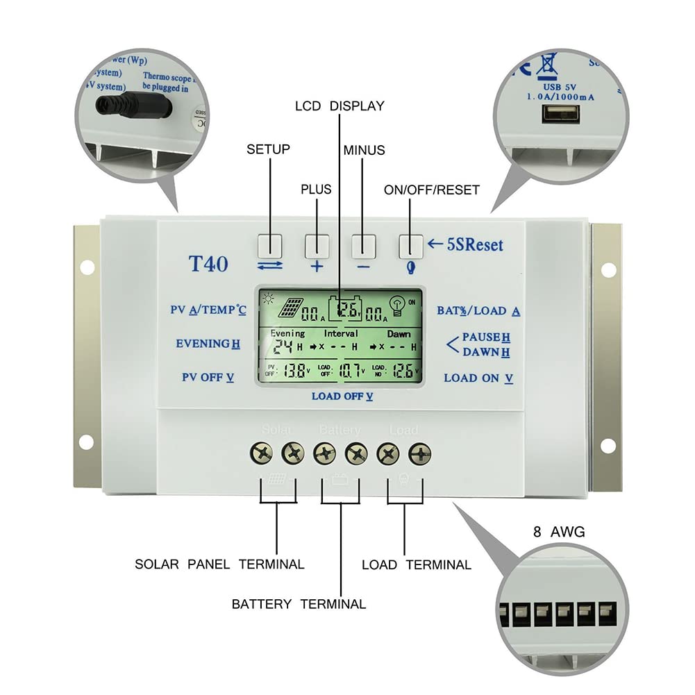 Regulator ładowania słonecznego 40 A MPPT, regulator paneli słonecznych MPPT, 12 V/24 V, automatyczna identyfikacja napięcia, inteligentny regulator z wyświetlaczem LCD - T40