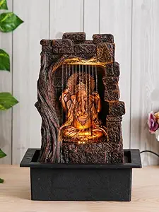 CHRONIKLE Polyresin Ganesha Idol Golden Brown Table Top Home Decor Indoor Front Curtain Waterfall Fountain With Yellow LED Lights & Speed Controller Pump ( Size: 40 x 29.5 x 22 CM | Weight: 2265 grm )