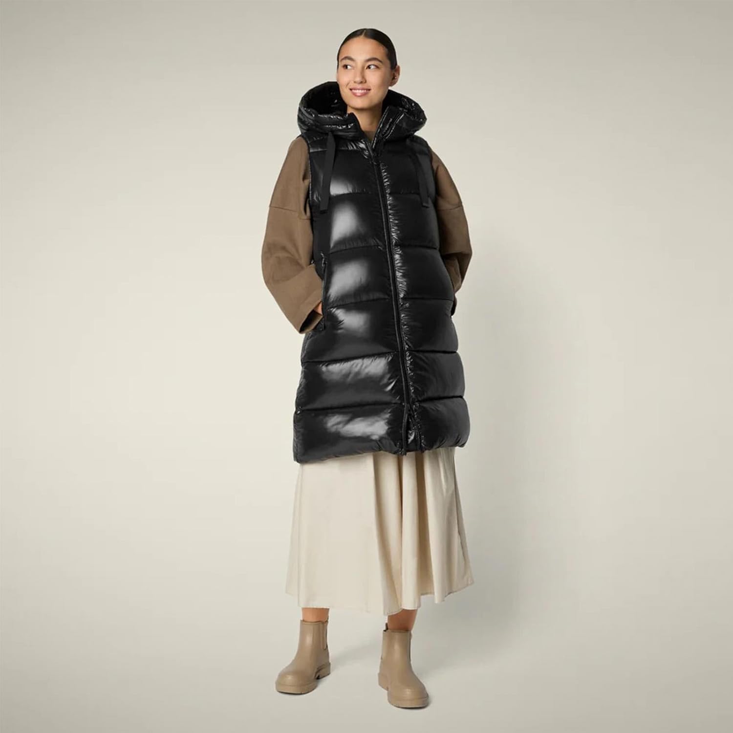 SAVE THE DUCK Women's Iria Long Hooded Puffer Vest, Animal-Free Down Insulated Windproof Quilted Casual Winter Outdoor Vest