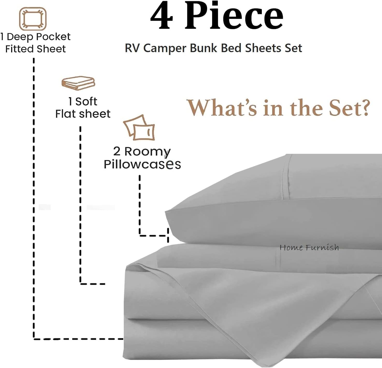 RV Sheet Sets 70x80 Camper King 4 Pc, 600 Thread Count 100% Egyptian Cotton Bed Sheets for RV, Campers & Travel Trailers, RV Bed Sheets Fit Mattress 10" to 15" Deep Fitted RV Sheets Silver