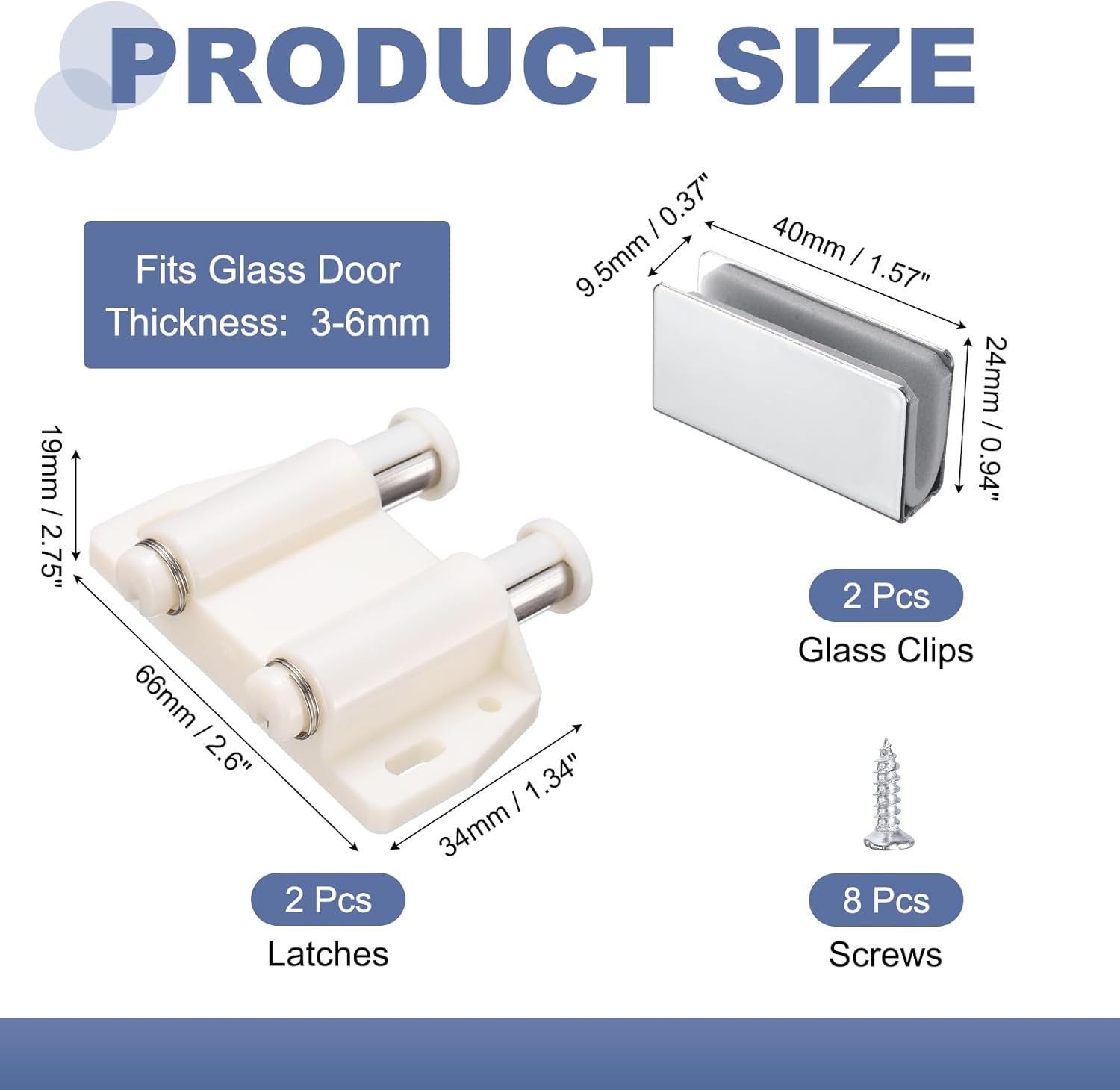 uxcell 2Pcs Magnetic Touch Push Open Latch, Glass Door Catch Latch Closures Double Magnetic Catch Latches with Clamp and Screw for 3-6mm Door for Drawer Cupboard Closet, Glossy Silver