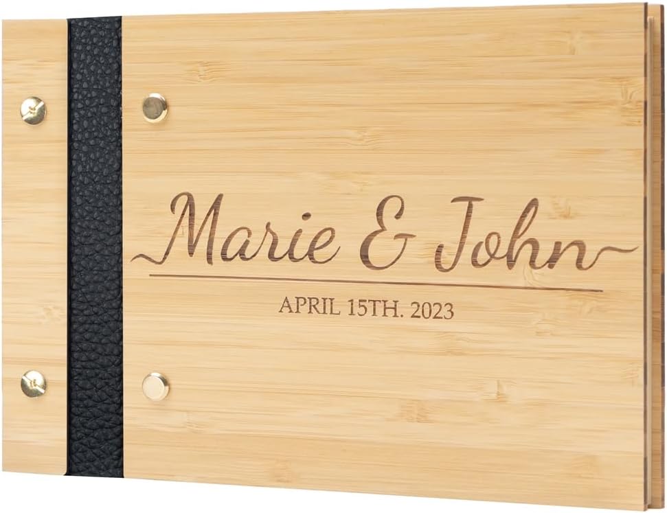 Personalized Wedding Guest Book Customized Wooden Guestbook Registry Sign-in with Name - Date, Hard Cover Laser Engraved Guest Book 60&100 Pages Thick Paper Hardcover Bamboo Cover