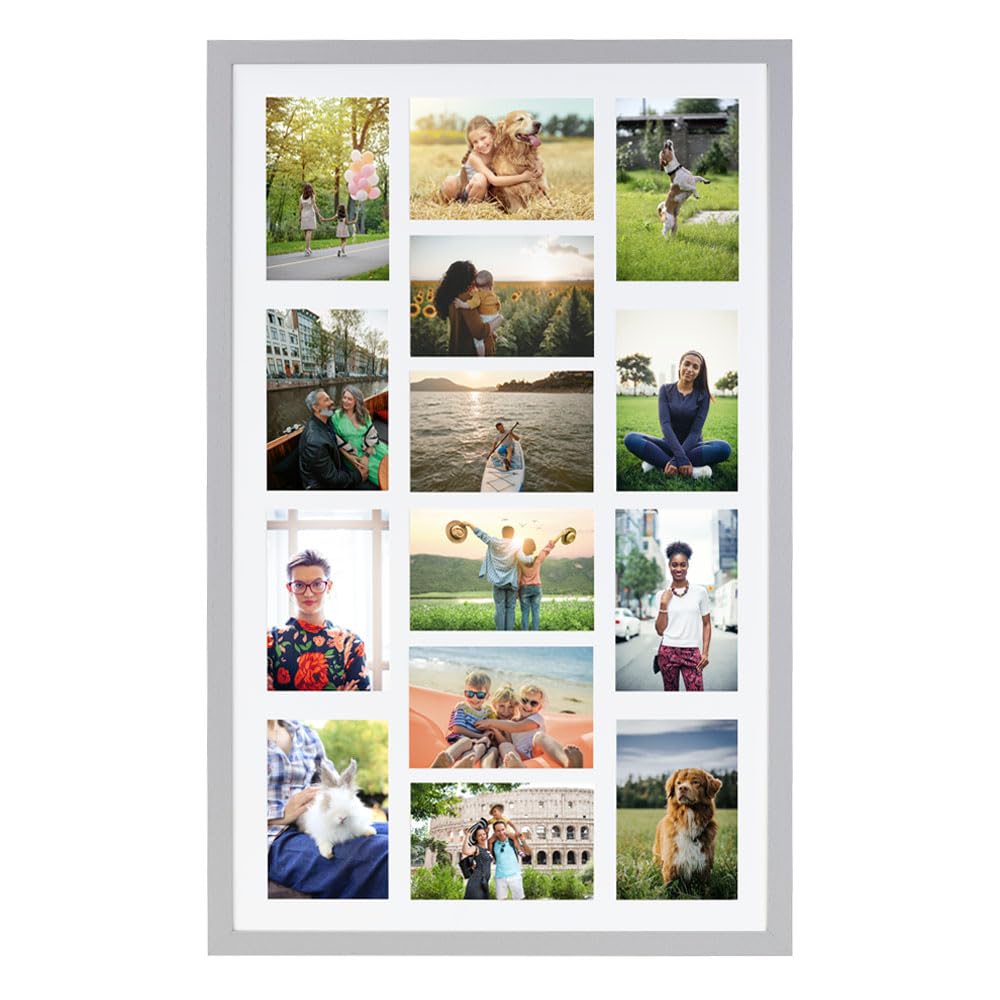 Boldon Framing Photo Frames Multiple Pictures Grey Collage Photo Frame for 14 6x4 photos -Large Multi Picture Frames for Wall Hanging - Neatly Display Lots of Photos In One Picture Frame