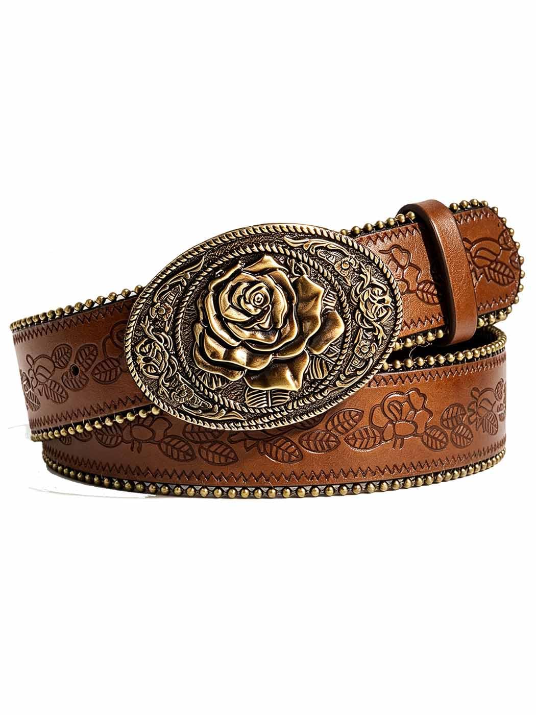 Yalice Western Brown Belt for Women Vintage Cowgirls Leather Jeans Belts with Embossed Buckle