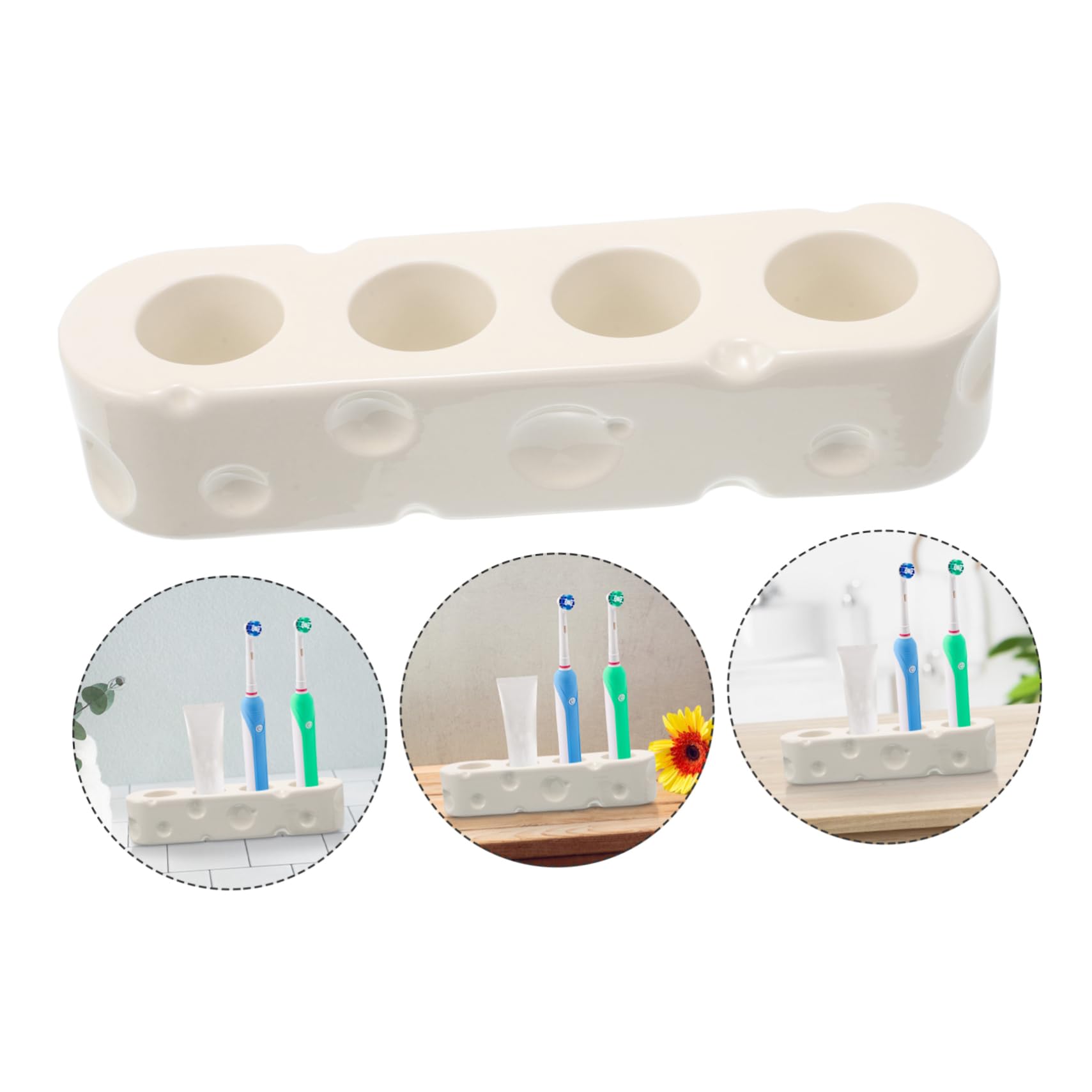 Porta Spazzolini in Ceramica Bianca Base da Appoggio | 4 Scomparti, Adatto a Bagno e Cucina, Supporto per Dentifricio e Pennelli, Stile Semplice ed Elegante