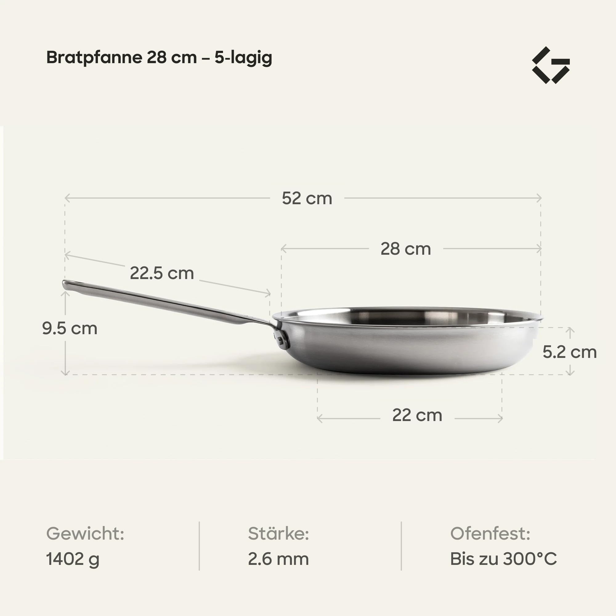 Gastrotools Bratpfanne 28 cm – 5-Ply Edelstahl – Aluminiumkern | Perfekte Wärmeleitung • Gleichmäßiges Bratergebnis • Für Induktion, Gas & Backofen • Unbeschichtet