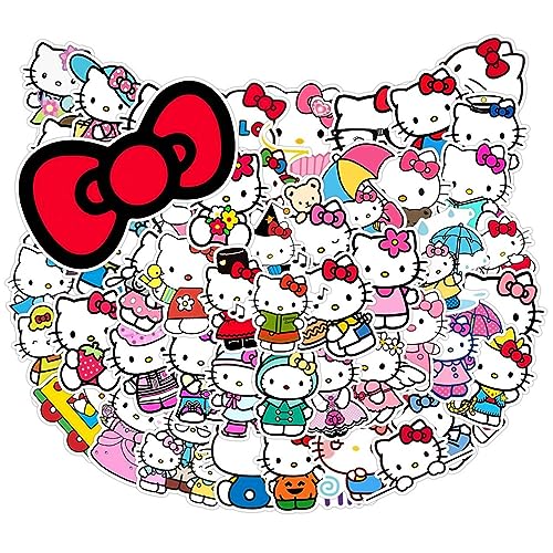 Fcelery Hello Kitty Stickers 50 PCS White Theme Kawaii Cat Stickers Cute Cartoon Characters Sticker for Kids Teens Adults Waterproof Vinyl Decals for Water Bottle Laptop Luggage