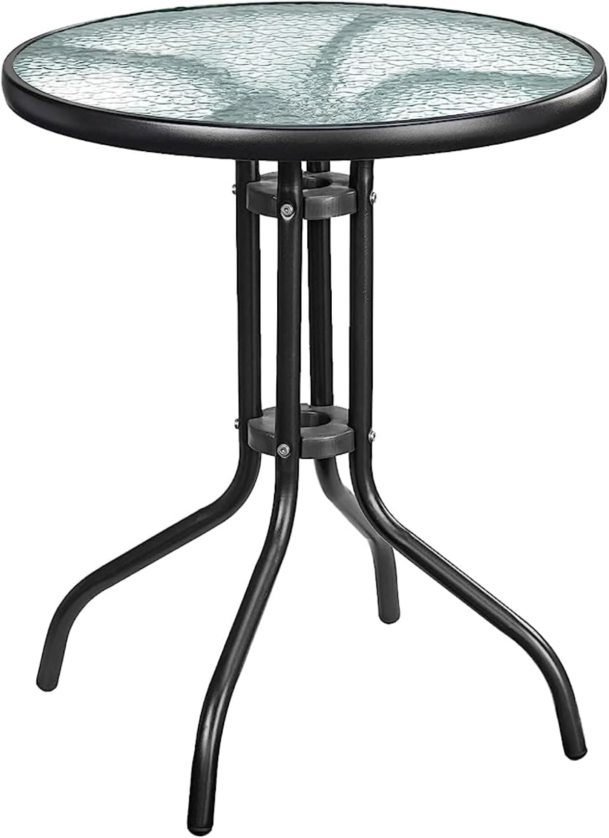 HEXAR GECKO Round Patio Coffee Side Garden Table - Outdoor Furniture with Metal Frame and Tempered Water Ripple Glass Top for Garden, Backyard, Porch, Deck