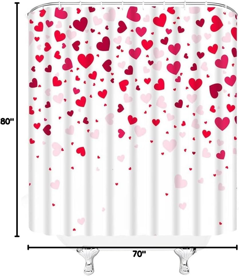Valentine's Day Shower Curtain Romantic Heart Red Love on White Background Sweet Valentine Happy Theme Girl Bathroom Decor Curtains with Hook 80x70 Inch
