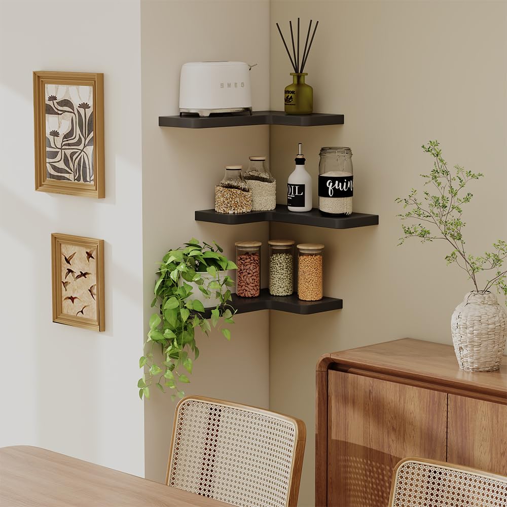 Vicco Estantería esquinera Curva, Negro, 40.5 x 2.5 cm Lote de 3, Apto para Montaje en Pared para un Almacenamiento Que Ahorra Espacio