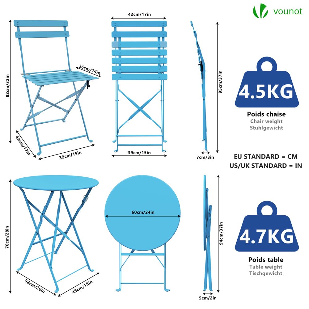 VOUNOT® Conjunto de Muebles de Jardín Plegable 3 Piezas, Set de Bistro con Marco de Acero Resistente y Respaldo, Juego de 1 Mesa Redonda y 2 Sillas Terraza, para Balcón, Jardín, Patio, Exterior, Azul