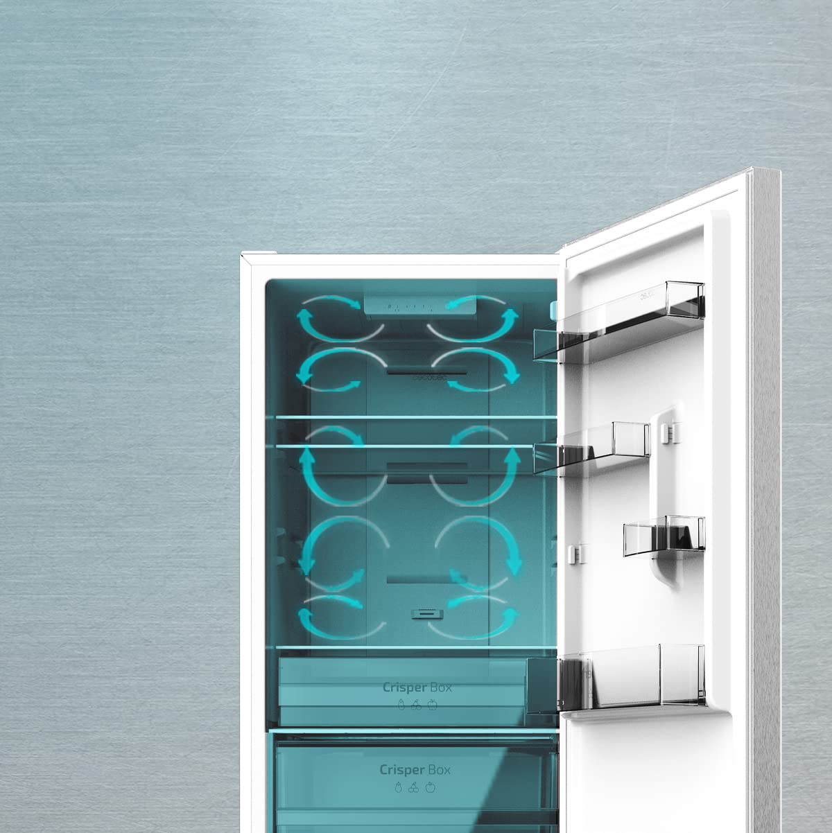 Cecotec Kühlgefrierkombination 2 Türen Bolero CoolMarket Combi 322 Edelstahl E, 322 L, Höhe 185 cm und 60 cm Breite, Energiesparend, Multi-Air-Flow-System, Total No Frost und 2 Schubladen