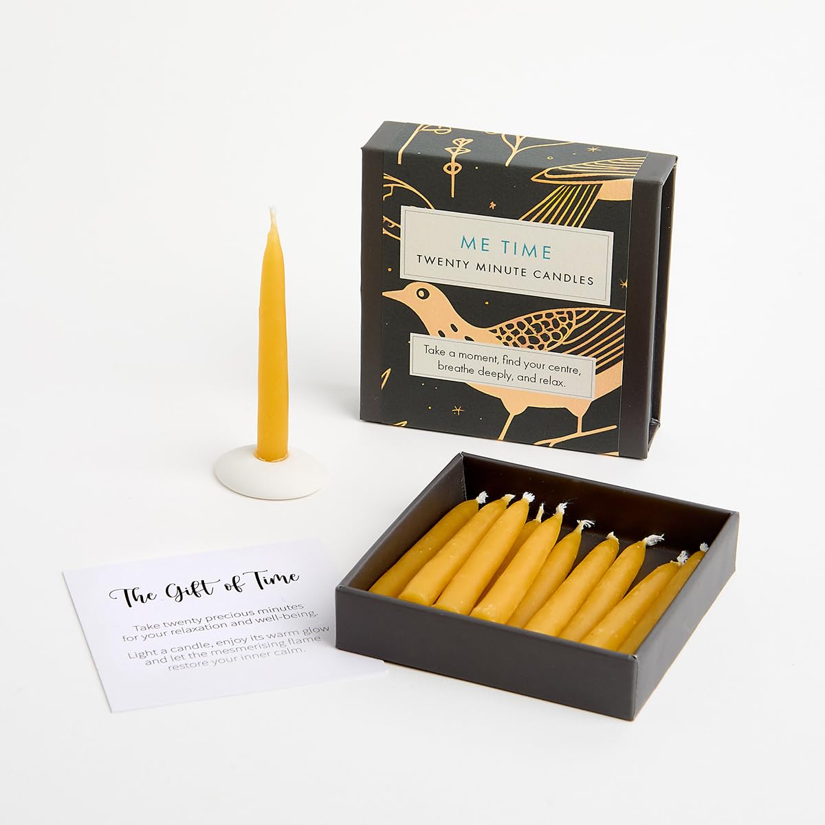 Signature Collection - Me Time (Folk) by Cotton & Grey - 12 Pure Beeswax Twenty Minute Candles with Ceramic Holder