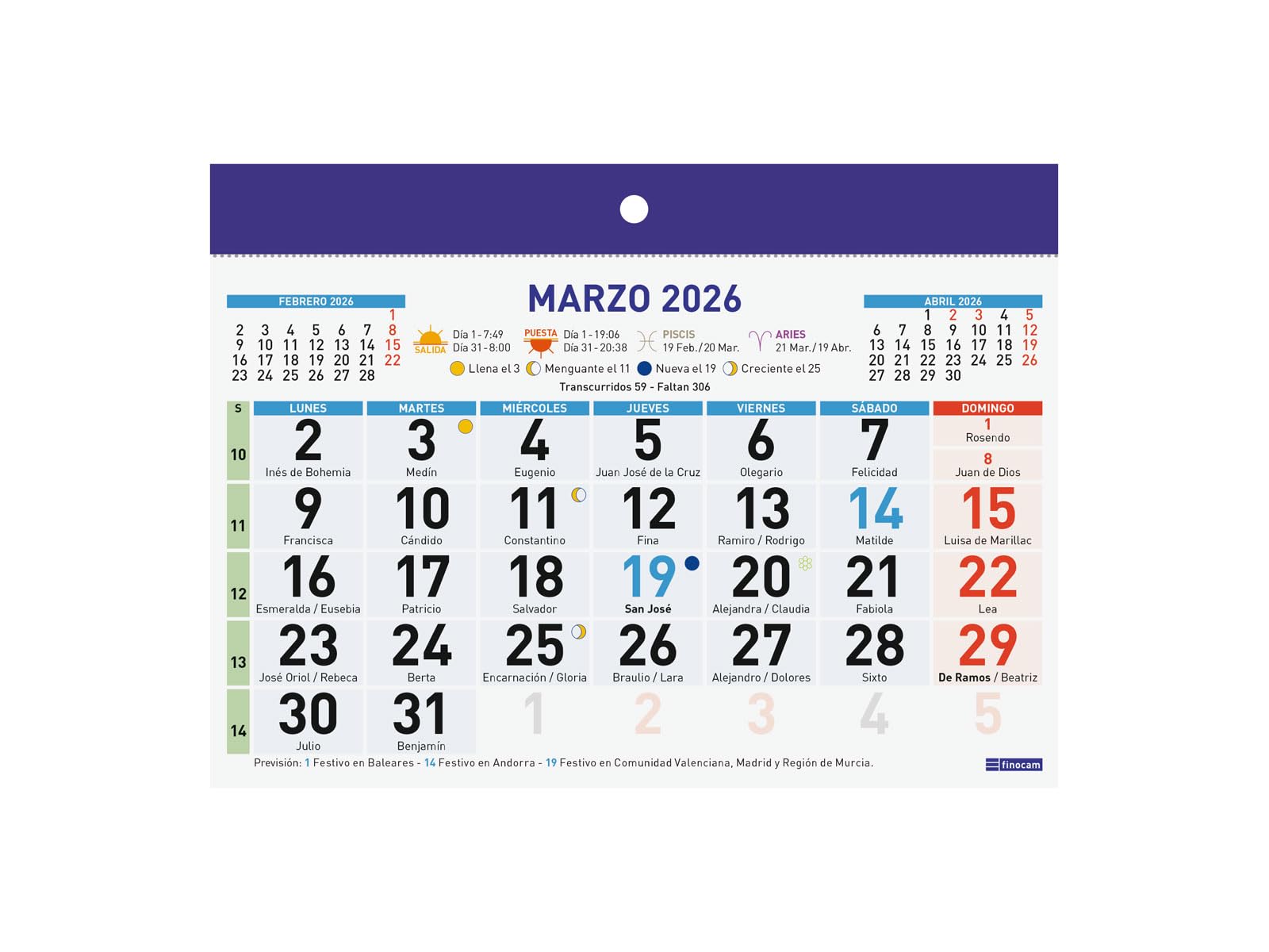 Calendrier Mural 2026 Finocam – Gros Chiffres, 1 Mois Par Page, Planificateur Mensuel Français