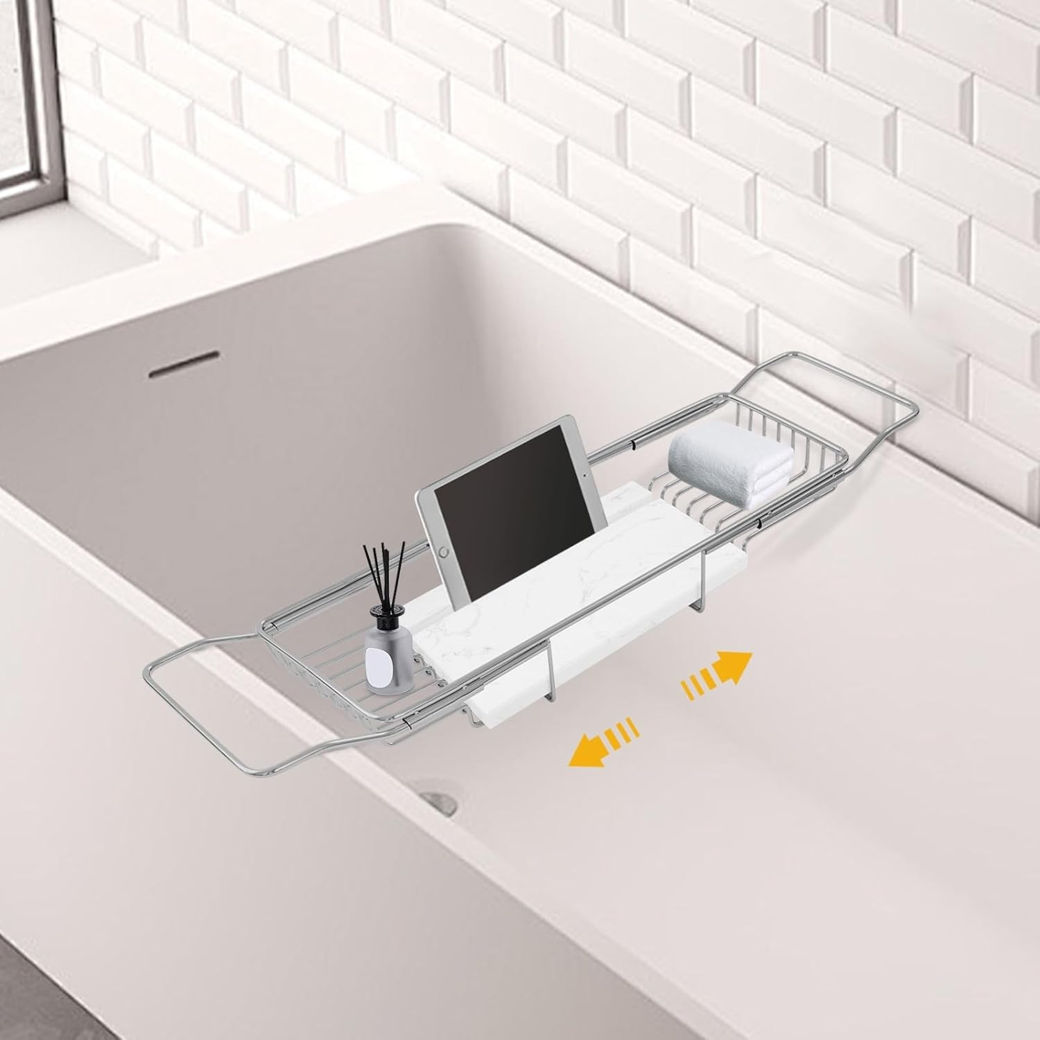 Bandeja Extensible de mármol para bañera de Acero Inoxidable | Bandeja extensible de acero inoxidable y mármol para bañera con soporte para libros, de 68 a 90 cm