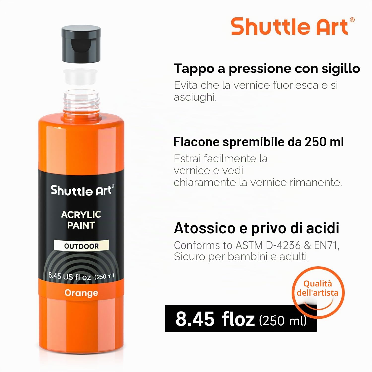 Shuttle Art Set di Colori Acrilici per Esterno, 12 Colori Acrilici Impermeabili per Uso Esterno, Colori Acrilici in Bottiglie (ciascuna da 250ml, 8,45oz), Pittura Acrilica per Artisti, Adulti su