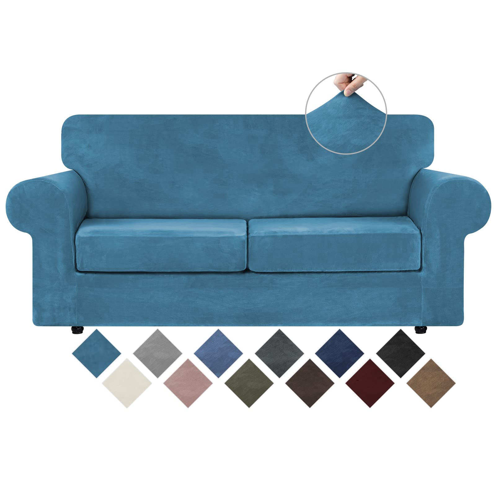 WEERRW Velvet Couch Covers for 2 Cushion Couch Sofa - High Stretch Velvet Plush 3 Pieces Sofa Slipcovers with Elastic Bottom, Furniture Protector for Pets, Machine Washable, Peacock Blue, Medium