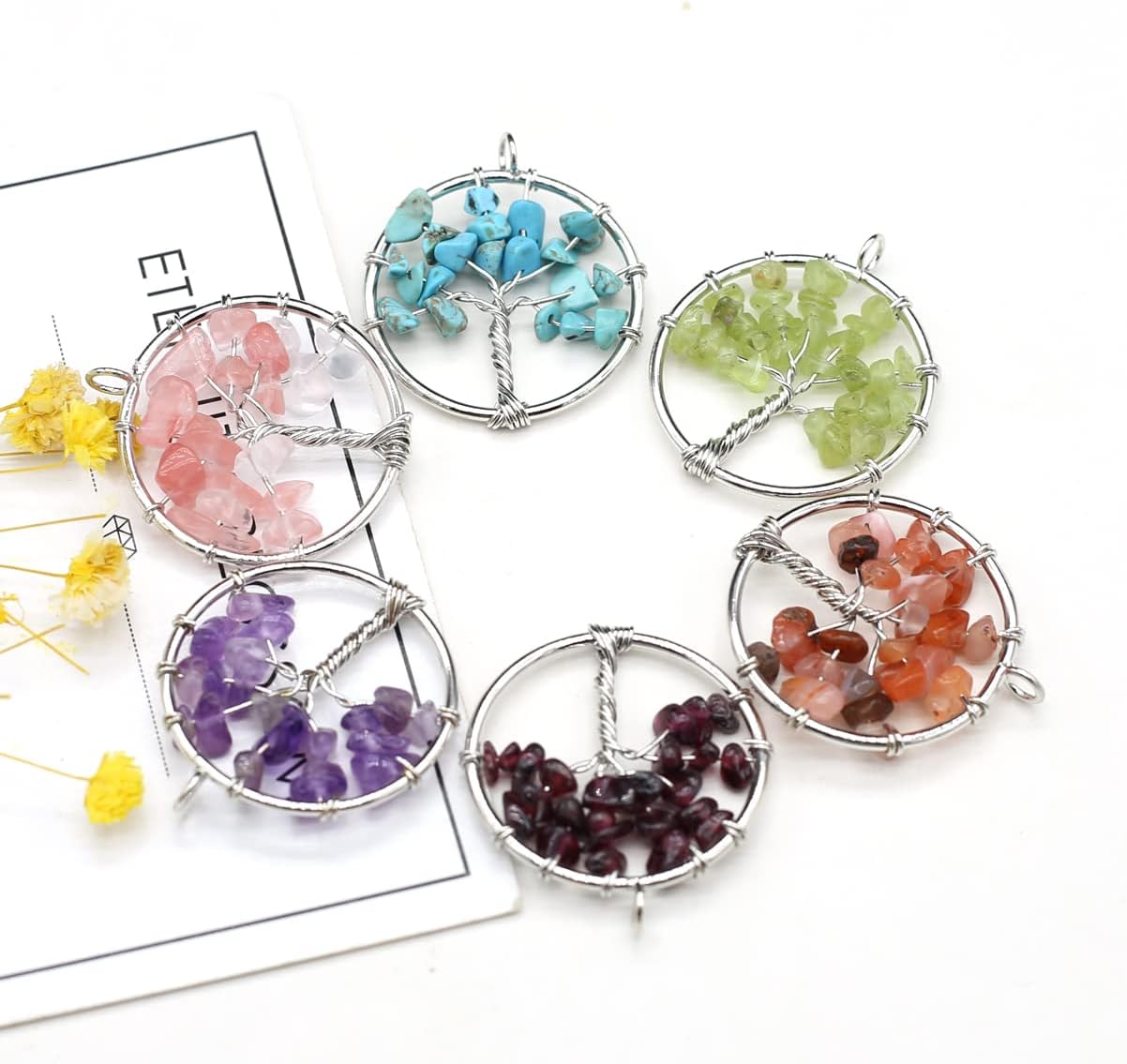 LE SKY 7 Pcs Natural Chip Stone Pendants Mixed Crystal Stone Wire hand knitting Life Tree Charms for Jewelry Making Necklace Bracelet DIY - Image 2