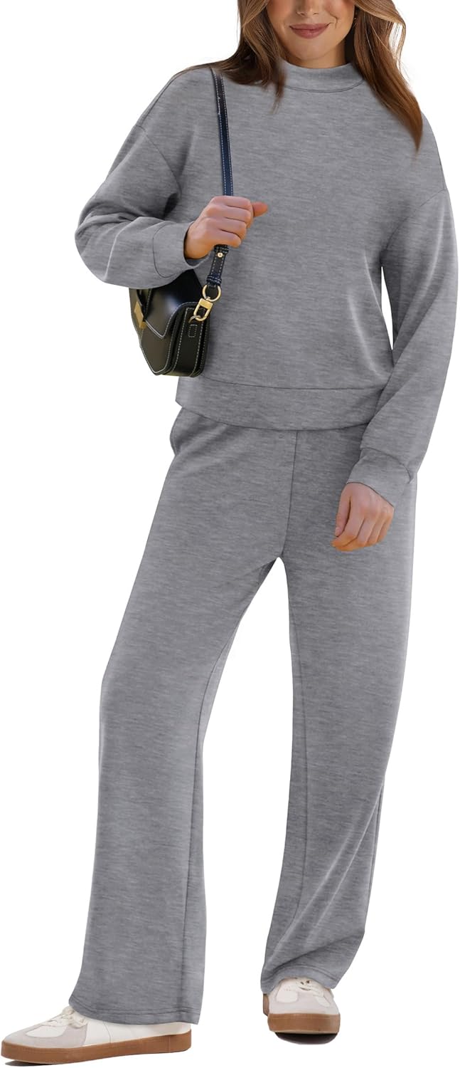 WIHOLL Two Piece Sets for Women Fall Outfits Lounge Sets Mock Neck Tops Wide Leg Pants Vacation Travel Airport Outfits - Image 2