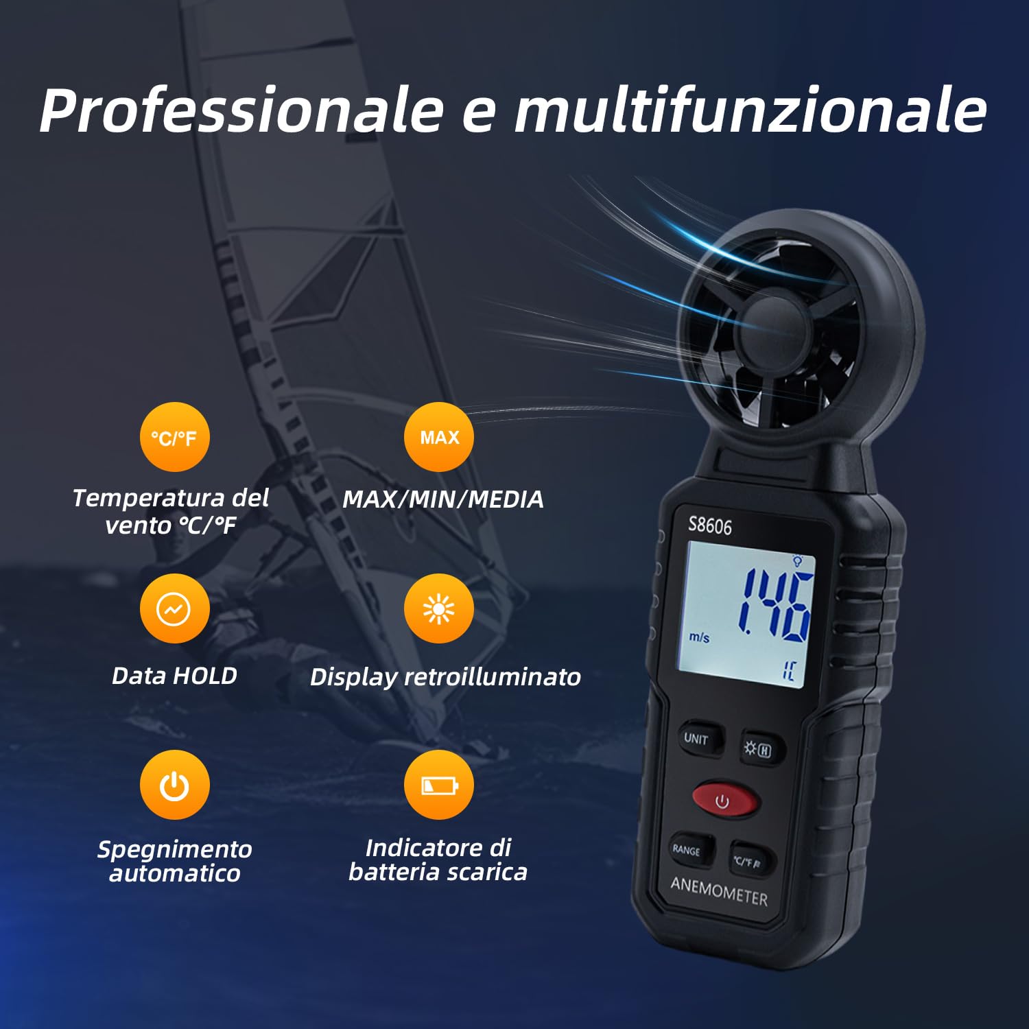 Mcbazel 3 in 1 Anemometro Digitale con Display LCD, Misuratore di Velocità del Vento Tester Velocità Flusso Aria Termometro per Esterni, Droni, Caccia, Pesca