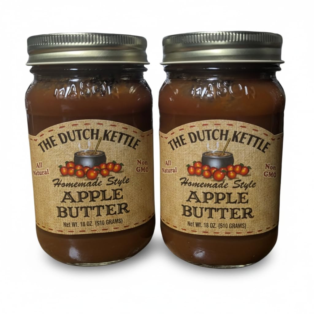The Dutch Kettle Amish Homemade Jam & Jelly – Two Pack (18 oz Jars) – Non-GMO, Preservative-Free, Traditional Recipe – Multiple Flavors Available (Apple Butter)
