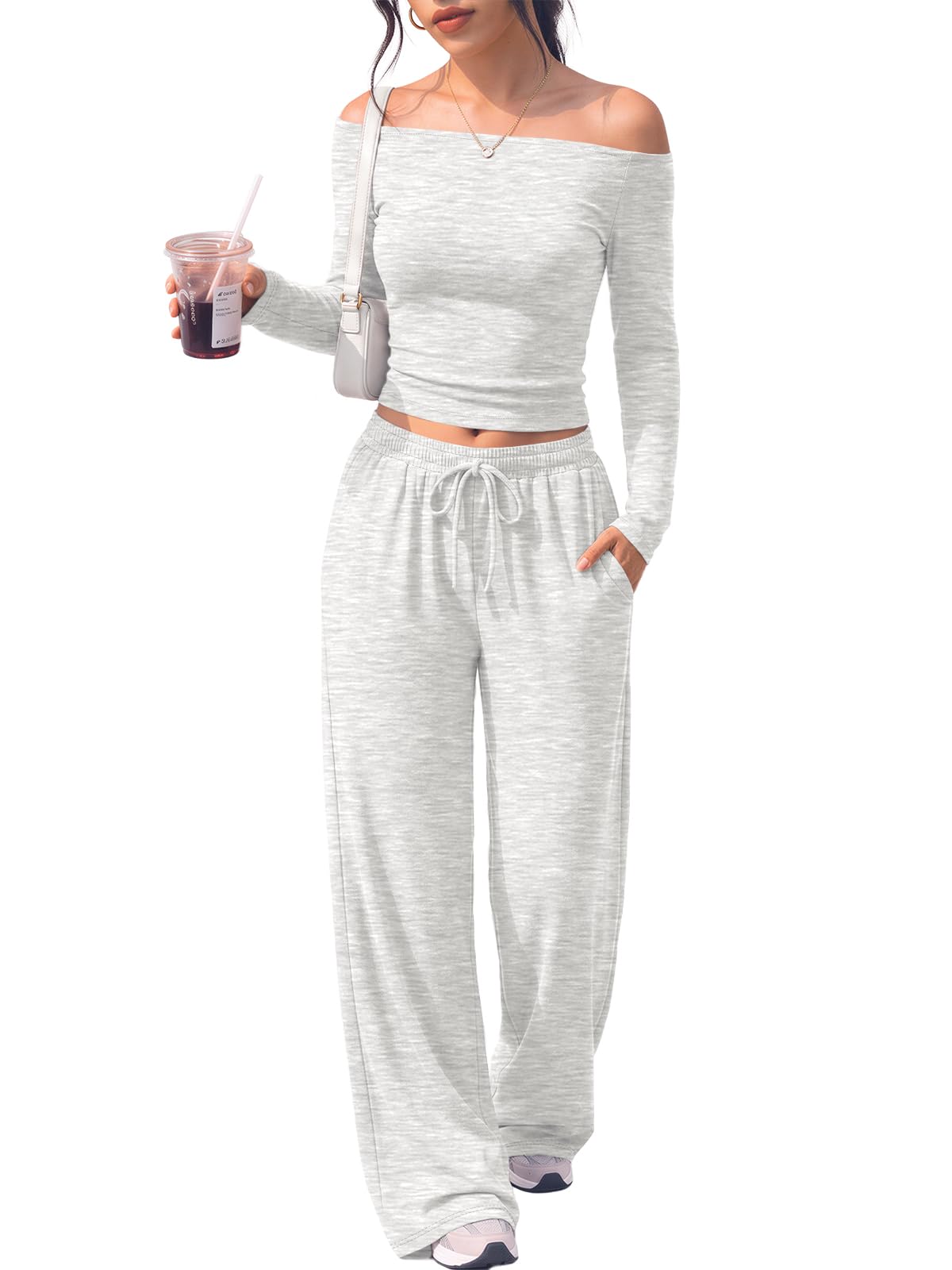 2 Piece Off Shoulder Set Womens Wide Leg Pants Side Ruching Slightly Crop Top Sets-image-39
