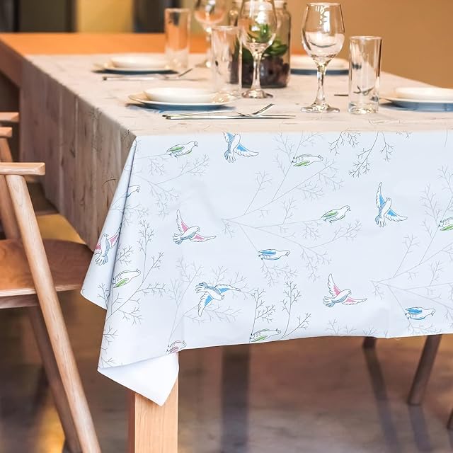 ADORNLITE PVC Wipeable Table Cloth, Grey Bird Design - Waterproof , Heat-Resistant & Polyester Backing Plastic Table Covers Wipe Clean for Party (137x137 cm)