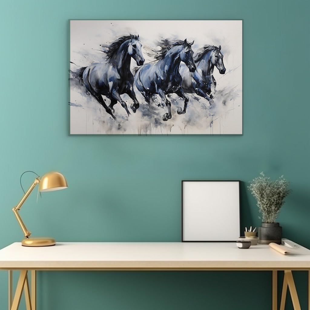 Canvas for Living room. Galloping Grace: The Dynamic Energy of Black Horses in Watercolor Snowscape, 27 x 18 inch Canvas Wall Art - Ready to Hang
