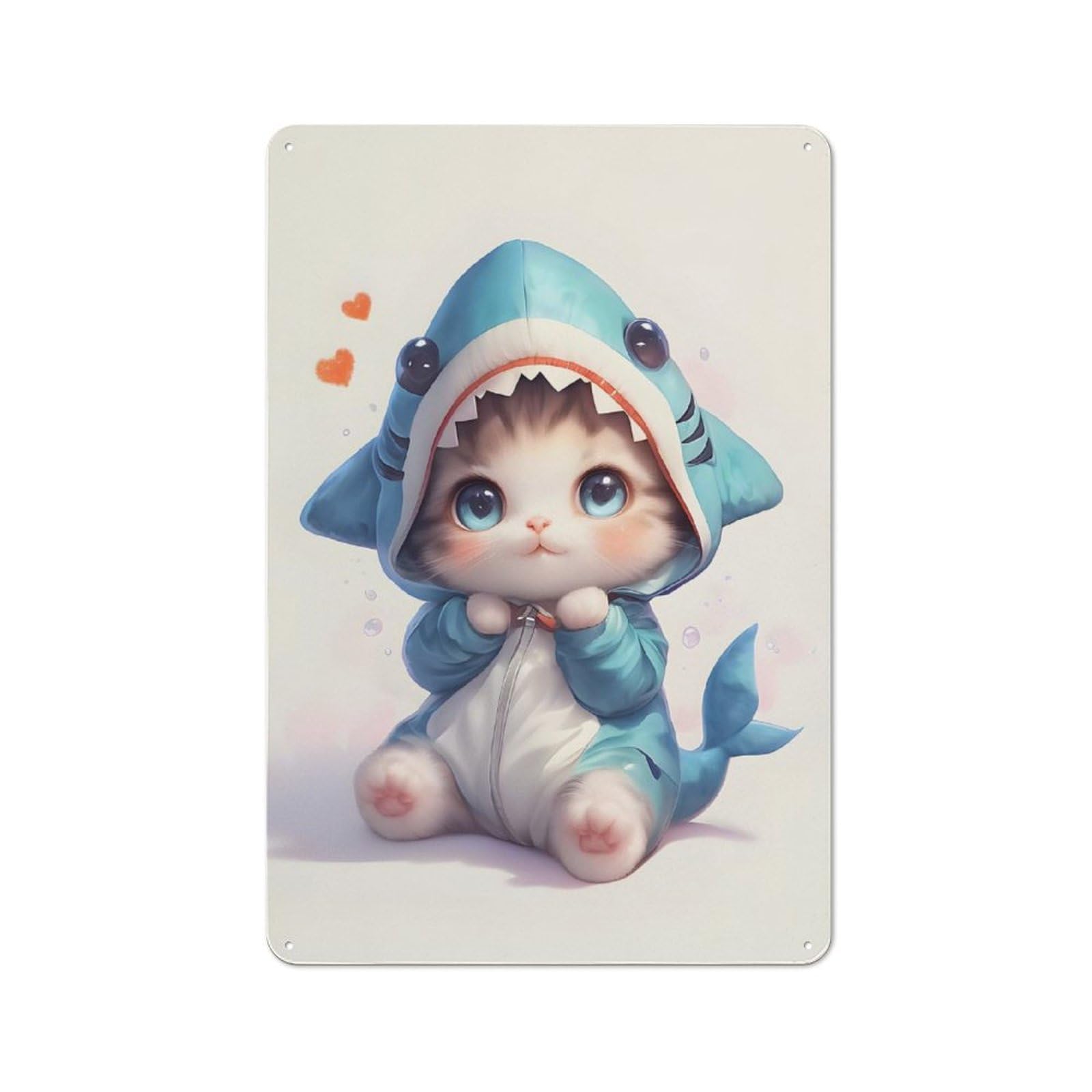 Junmoney Style-14 Tin Sign 30X20cm With Cute Kitten Shark Costume For Workshop Wall, Rustic Decor, Suited To Workshop Decor Fans