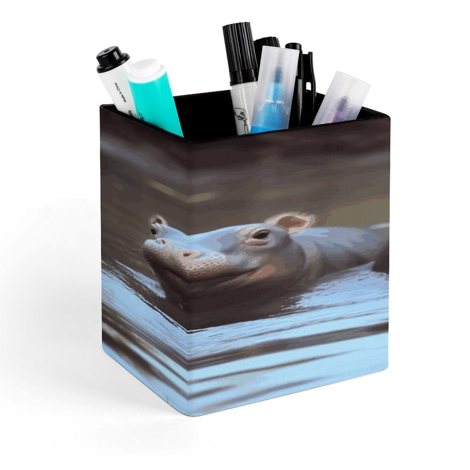 JTREHY Baby Hippos Pen Holder Square Pen Pencil Holder Makeup Brush Holders Cup PU Leather Pencil Cups Desktop Caddy Stationery Organizer Case Office Accessories Container Box
