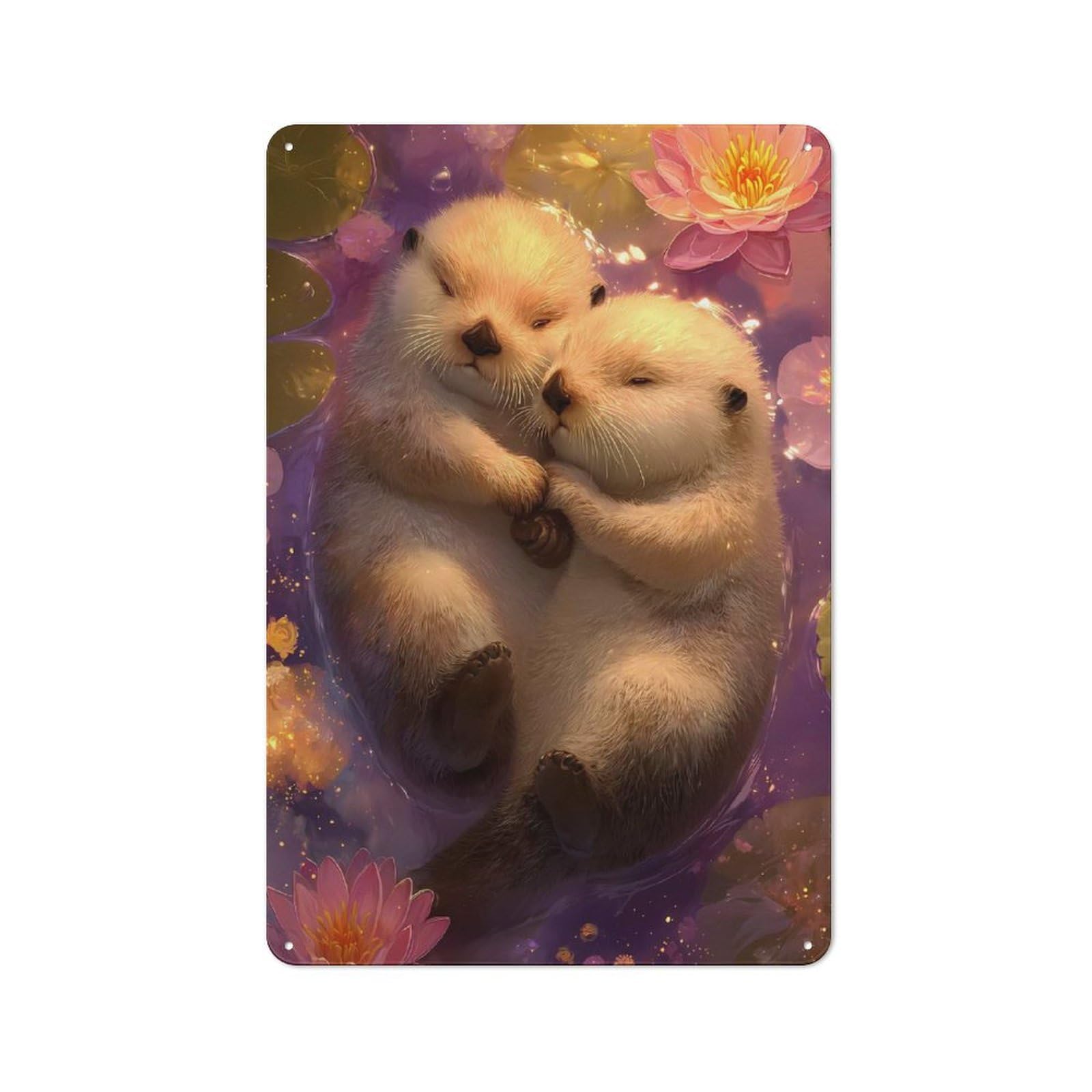 Junmoney Style-20 Retro Metal Sign With Two Otters Cuddling In Water Lilies Design 30X20cm, Retro Old Style Wall Plaque For Kitchen, Hallway, Bar Or Small Cafe