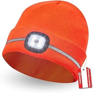 Gebol Gebol Gorro LED laranja | Lanterna frontal em gorro de malha | Gorro com faixas refletoras | Porta USB para carregamento | 60 minutos de duração da luz | 4 níveis de luz | Unisexo | Laranja | 1 peça