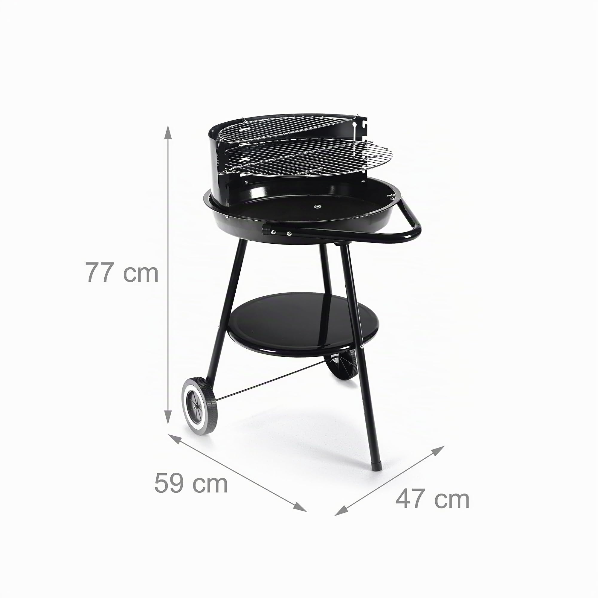 Relaxdays Barbecue a carbonella con rotelle, Ø 47 cm, Nero | Giardino e parco, paravento, ripiano, griglia scaldavivande