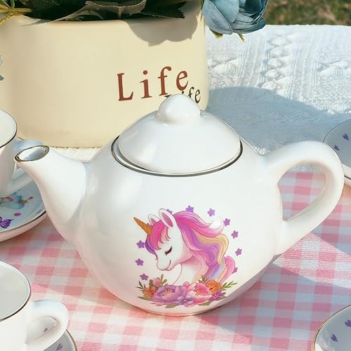 Miniatura 4 de Tacobear Juego de té de porcelana para niñas, juguetes de unicornio, 13 piezas de té con tetera, taza y platillo y maleta, juego de cocina para