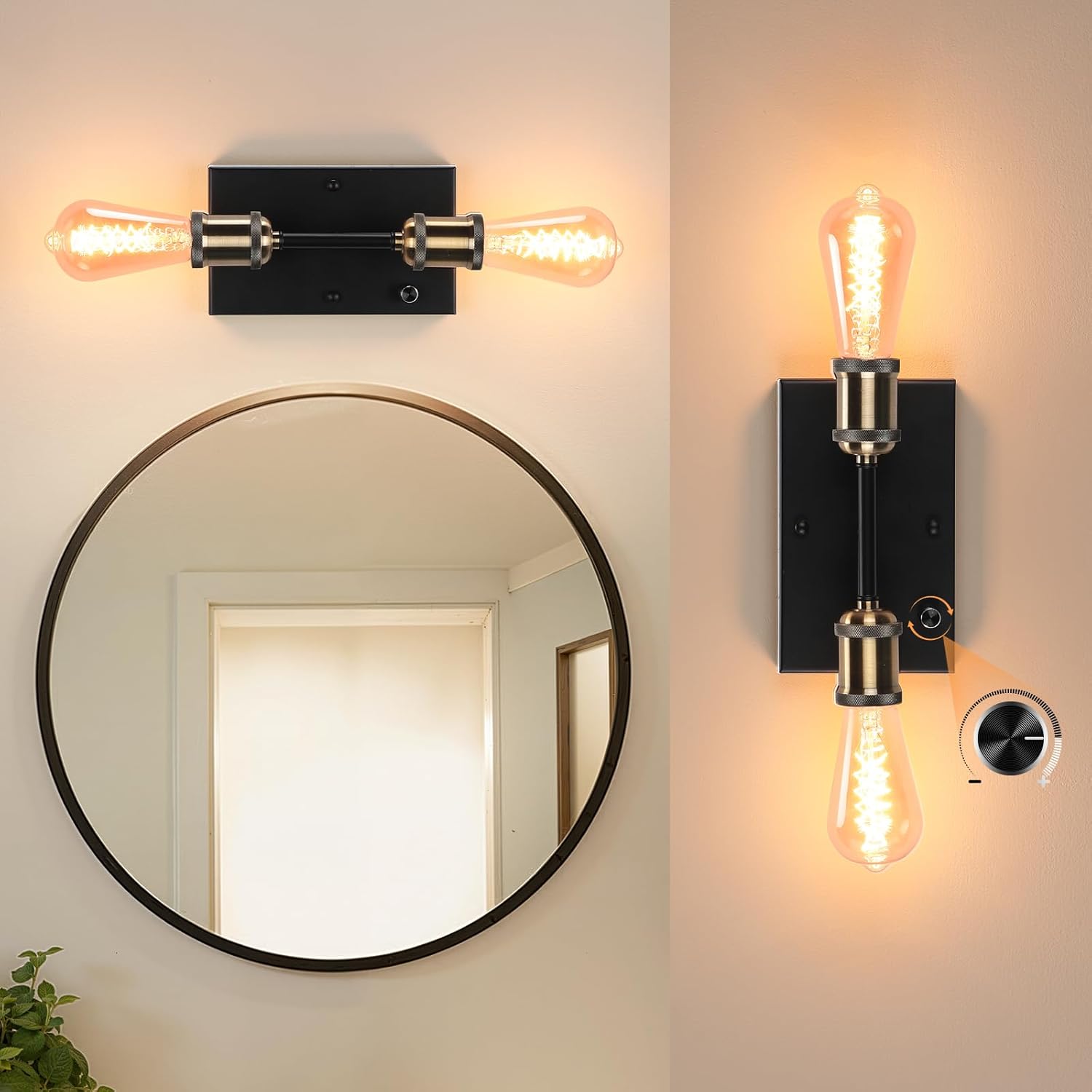 Lightess Farmhouse Bathroom Light Fixture with ON/Off Switch, 2-Light Copper Bathroom Lighting Fixtures Over Mirror, Dimmable Industrial Wall Sconce Indoor, Bulbs Not Included