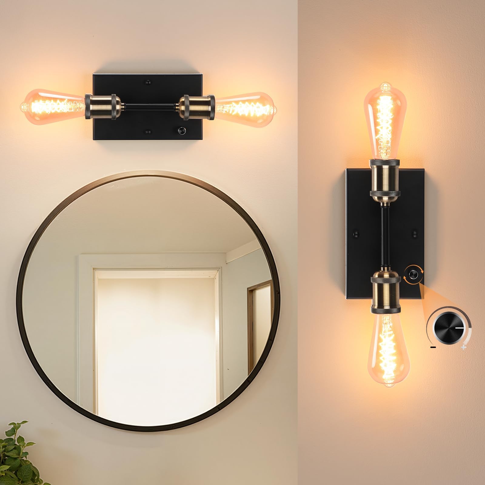 Lightess Farmhouse Bathroom Light Fixture with ON/Off Switch, 2-Light Copper Bathroom Lighting Fixtures Over Mirror, Dimmable Industrial Wall Sconce Indoor, Bulbs Not Included