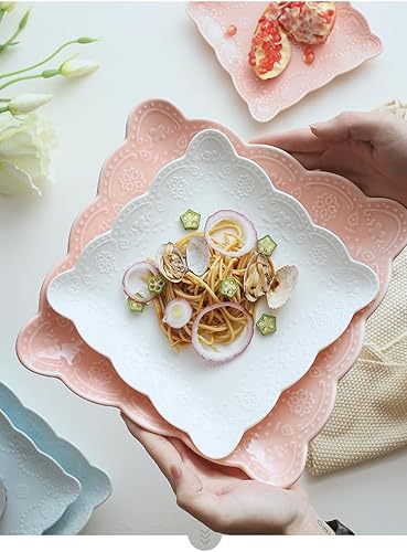 Miniatura 8 de Jusalpha Juego de 4 platos cuadrados de cerámica de encaje en relieve, platos de pastaensaladapostre, lavavajillas, microondas, juego de vajilla
