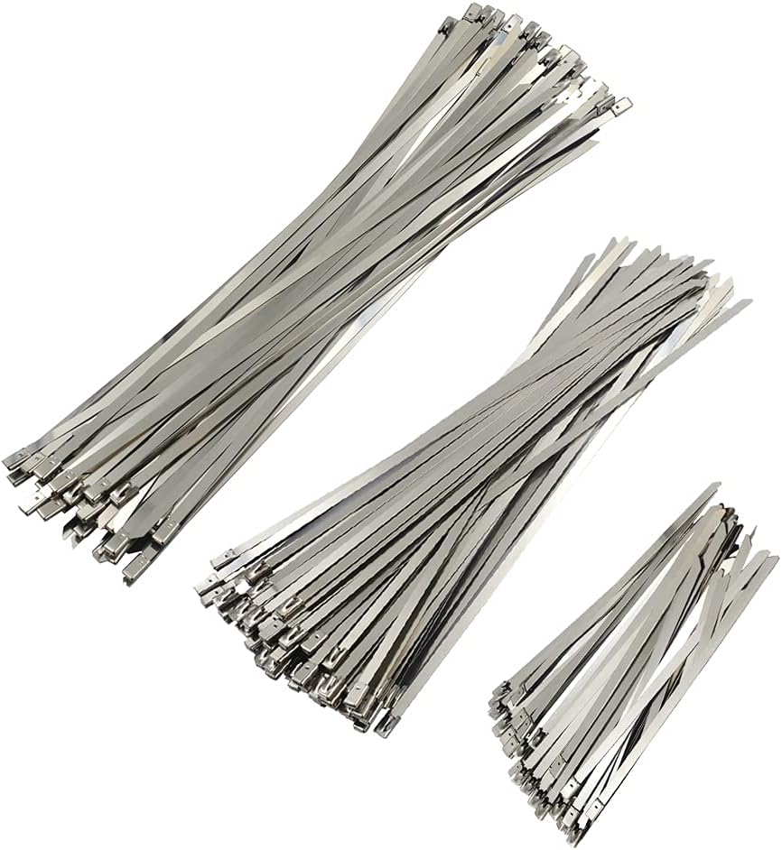 DGOL 110 packs 3 Sizes 304 Stainless Steel Cable Ties Wrap 5.9, 9.9, 11.8 inch Heavy Duty Self Locking Metal Zip Fence Repair Tie Clamps Kit
