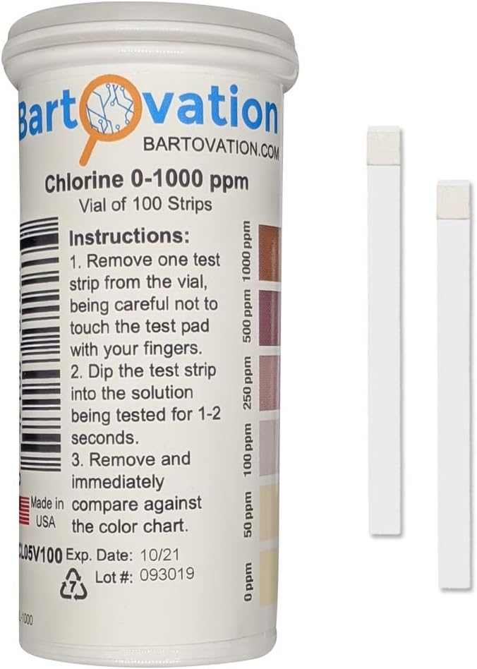 Free Chlorine/Bleach Test Strips, 01000 ppm [Vial of 100 Strips