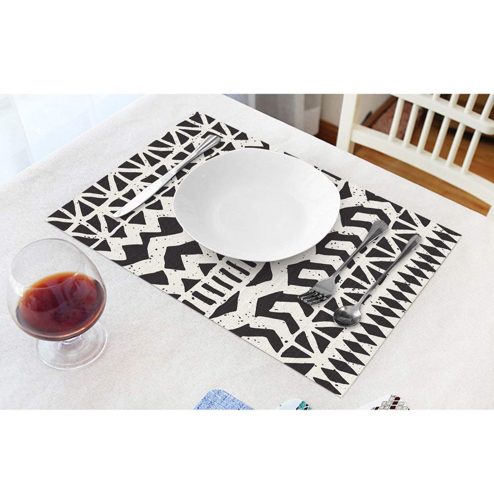 Moslion Ikat Tribal Placemats Boho Ethnic Pattern Black and White Vintage Style Chevron Table Placemats for Dinning Table Washable Cotton Linen 12x18 Inch, Set of 4…