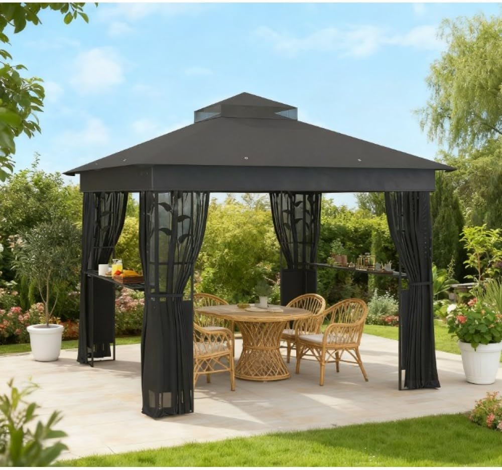Double Roof Outdoor Gazebo with Mesh Netting and Storage Shelves for Backyard Patio Use