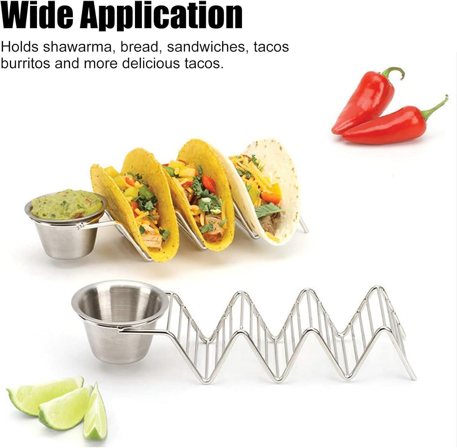 2Pcs Taco Holder with Sauce Cup, Holds 3 Tacos, Stainless Steel