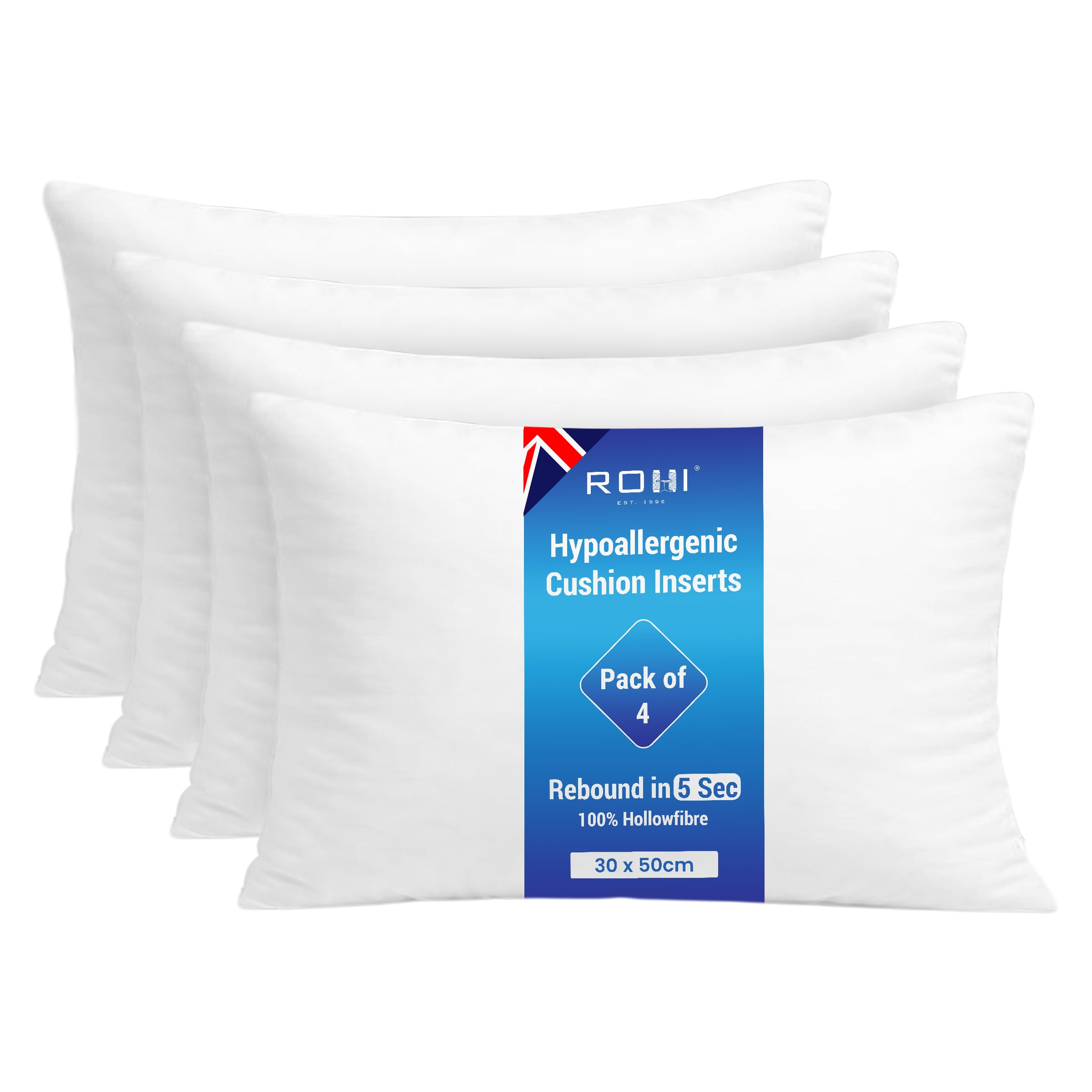 Rohi White Set Of 4 Hypoallergenic Cushion Inserts 30 X 50Cm - Polyster Cushions - Standard Stuffer Pack Of 4 Cushion Inserts 30Cm X 50Cm (12"X20" | Pack Of 4)