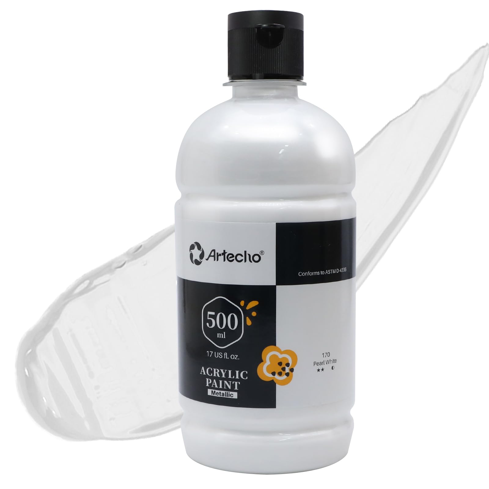 Artecho Pearl White Acrylic Paint - Large Bottle 500ml / 17oz, Craft Paint for Canvas, Rocks, Wood, Fabric, Ceramic, Non-Toxic
