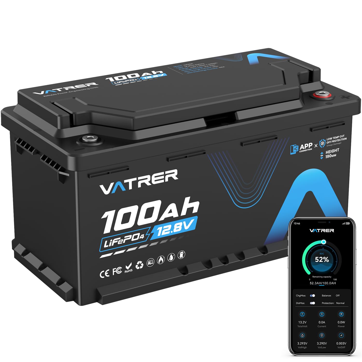 VATRER POWER 12V 100Ah H190 Bluetooth LiFePO4 Batteria con Altezza 188mm, 1280Wh, 5000+ cicli, Batteria al Litio con BMS 100A, Protezione dalle Basse Temperature, Ideale per Camper
