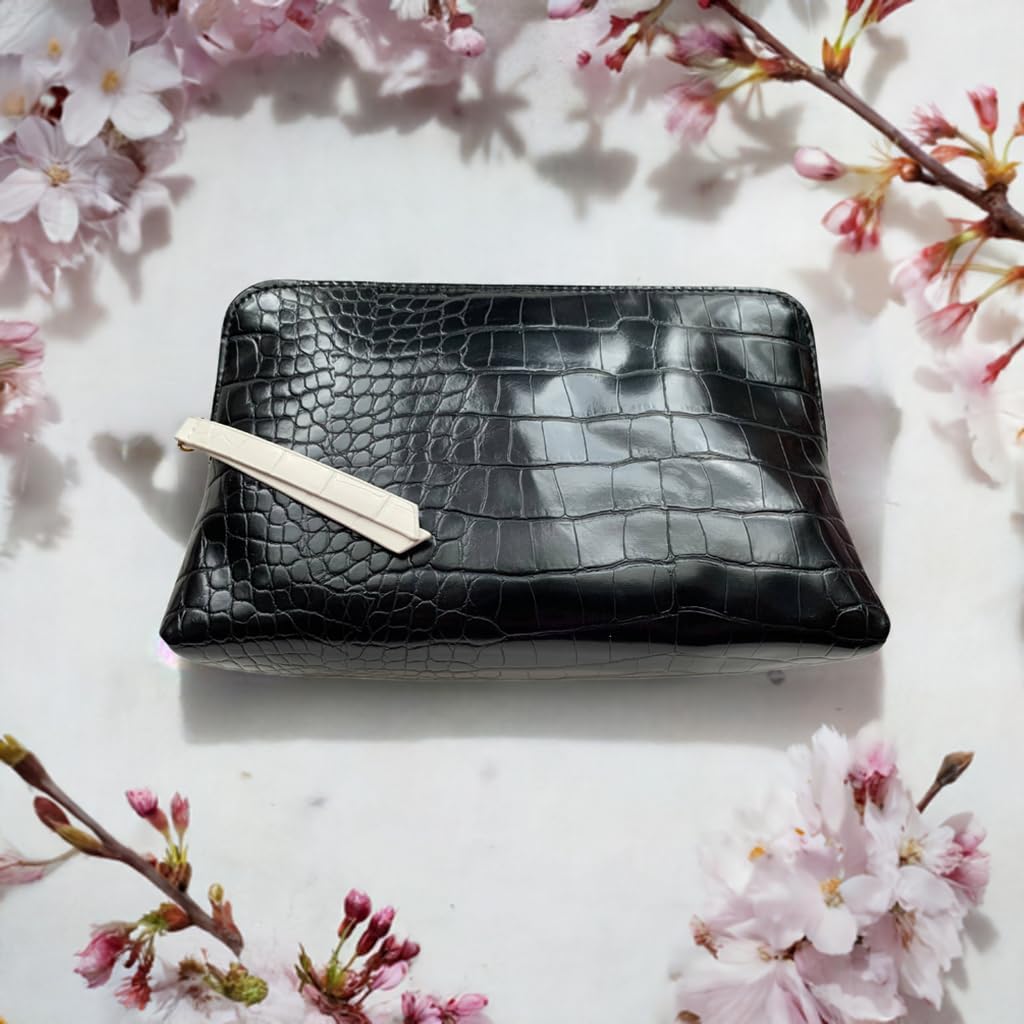 Tuxedo Crocodile Cosmetic Bag – Luxury Vegan Leather Makeup Bag, Black & White Travel Organizer