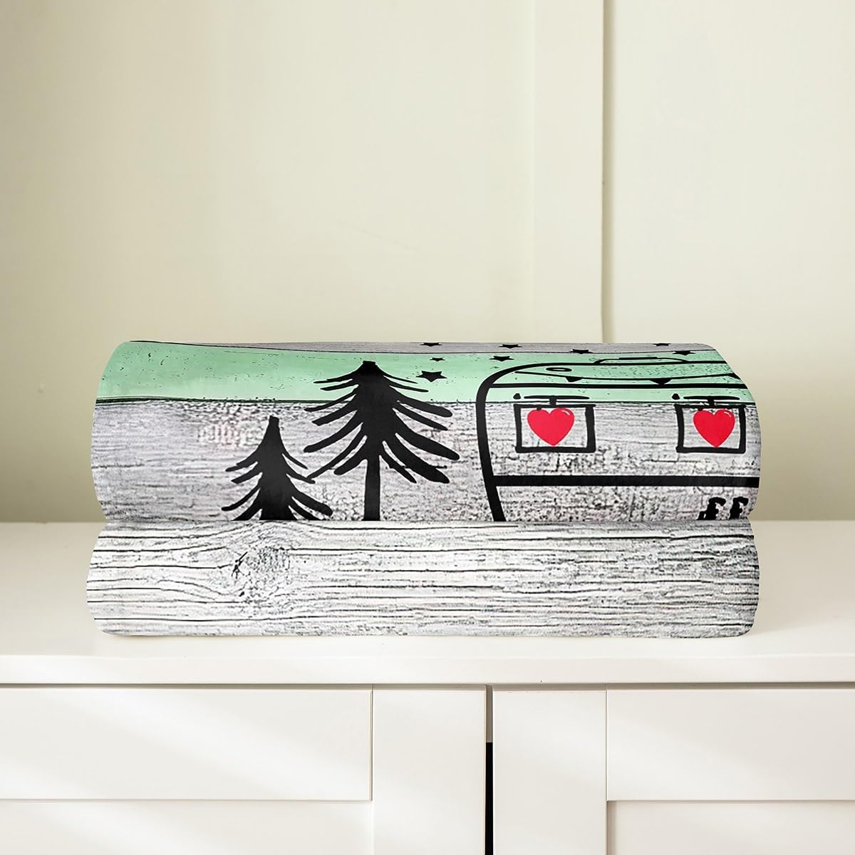 Kids Camping Throw Blanket, Kawaii Camper Car Fuzzy Fleece Blanket for Crib & Stroller, Stars Starry Sky, Rustic Farmhouse Style, Woodland Camping Cozy Flannel